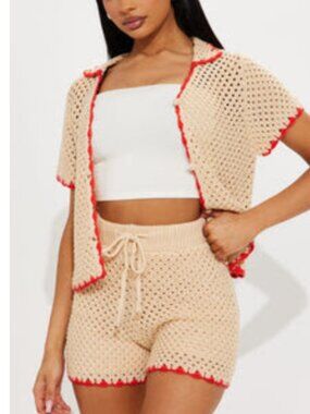 NWT Fashion Nova 2-Piece Crochet Resort Set Tan & Red Summer Vacation Outfit